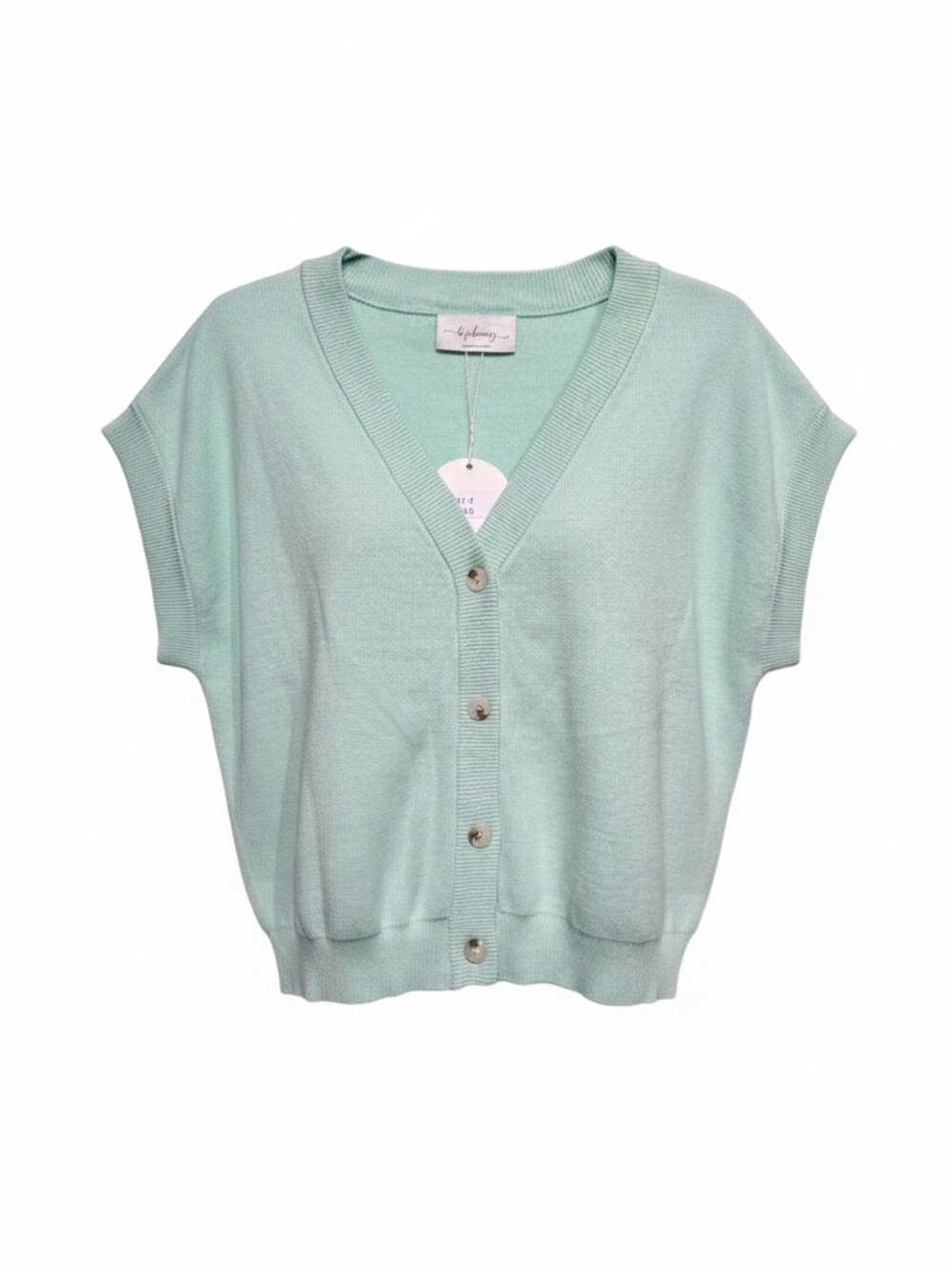 Short-Sleeve V-Neck Button Front Cardigan Sweater in Mint - Picture 3 of 6